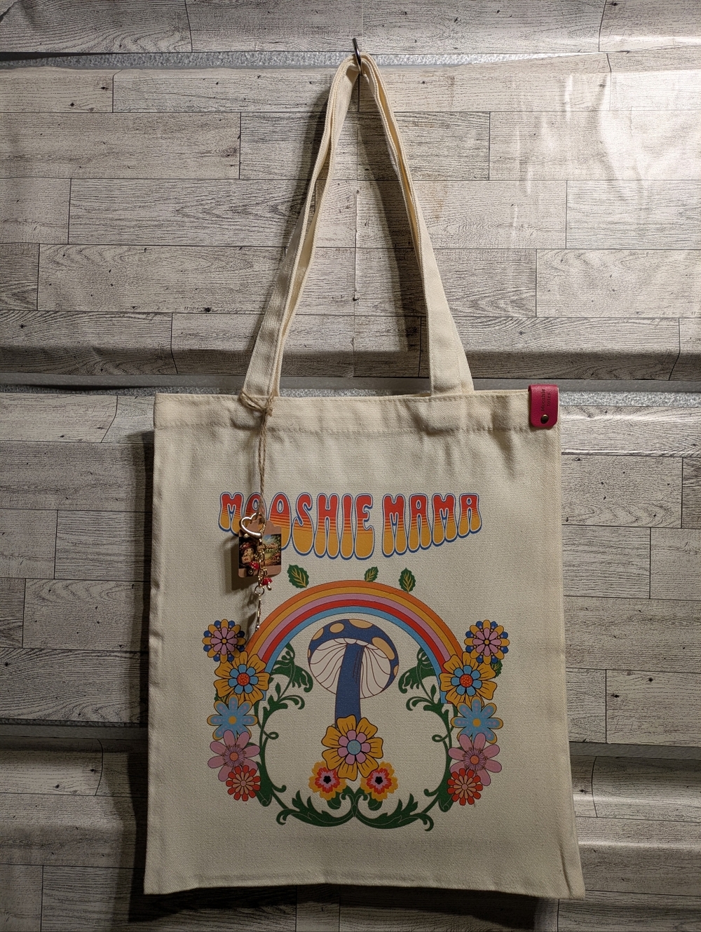 Canvas Tote Bag in Cream with Retro Rainbow Print